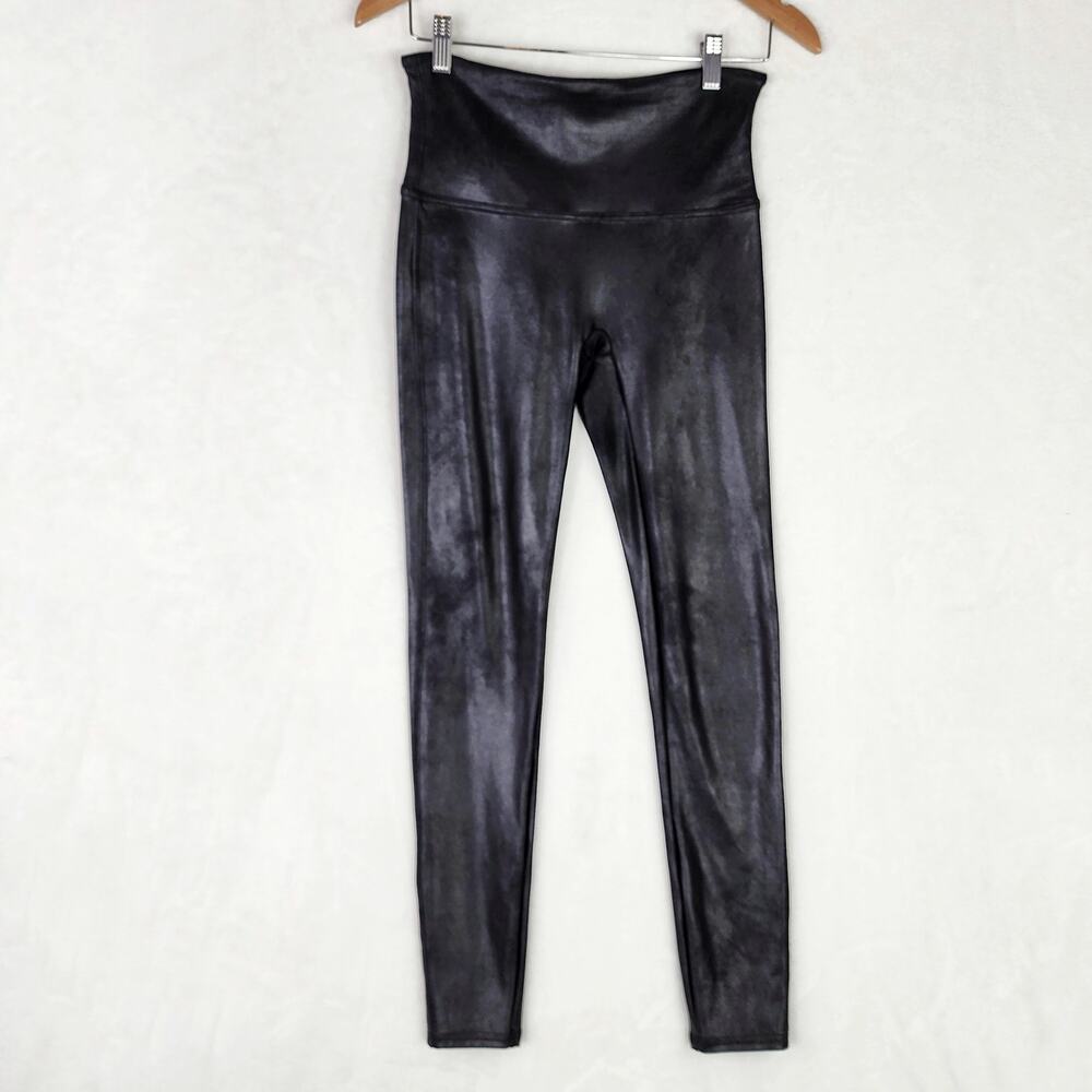 SPANX Faux Leather Leggings Women L Black Grey Slimming Pants Style 2437